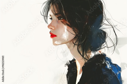 A woman with red lips and a messy bun