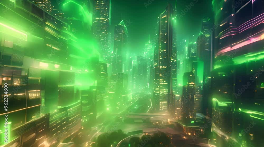 A view of bustling city in the future illuminated by vibrant green lights Elaborate landscape of a complex cyber attack 4k animation A view of bustling city in the future illuminated by vibrant green lights Elaborate landscape of a complex cyber attack 4k animation