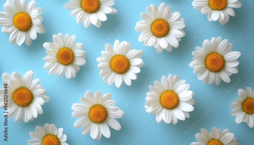 White Daisies with Yellow Centers on Light Blue Background White Daisies with Yellow Centers on Light Blue Background