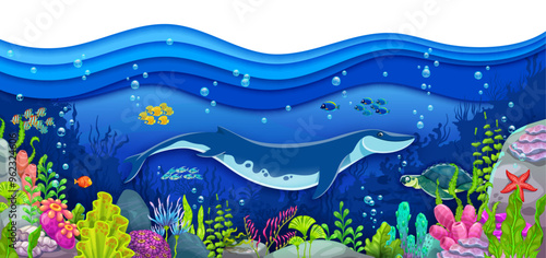 Cartoon underwater prehistoric dinosaurs between seaweeds. Vector paper cut scene with basilosaurus and archelon sea creatures swimming under the ocean 3d waves surrounded by corals and fish schools