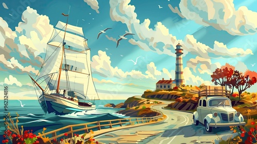 A white car is driving down a road next to a lighthouse and a sailboat