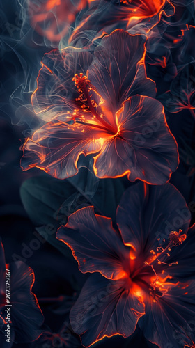 A close up of a blazing flower with a blue background.