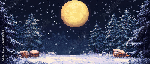 Wallpaper Mural snowy forest ​​at night with full moon game platform illustration background Torontodigital.ca