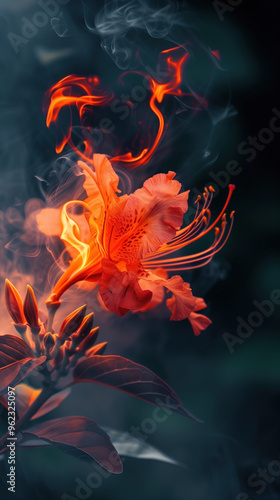 A close up of a blazing flower with a blue background.