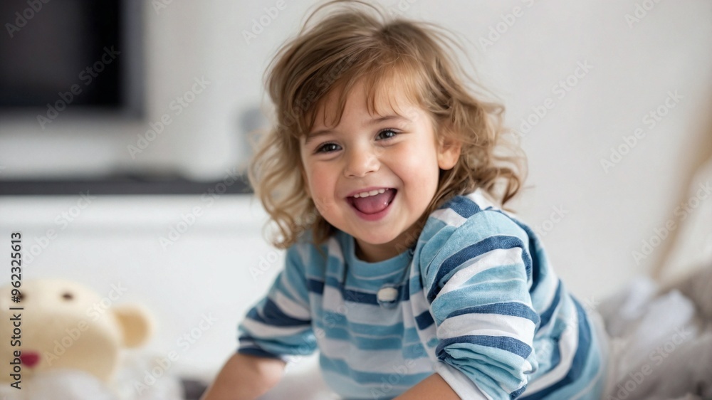 室内で遊んでいる幸せな子供が見せる、家庭の温かさと安心感が感じられる自然な風景