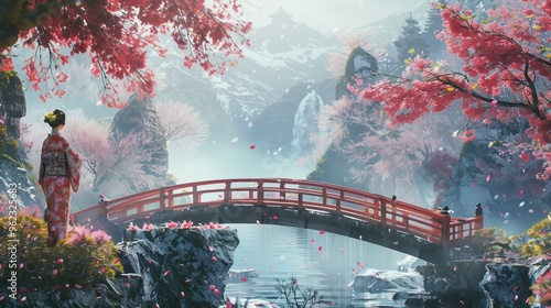 A Japanese woman stands on a bridge over a river with cherry blossoms in the background