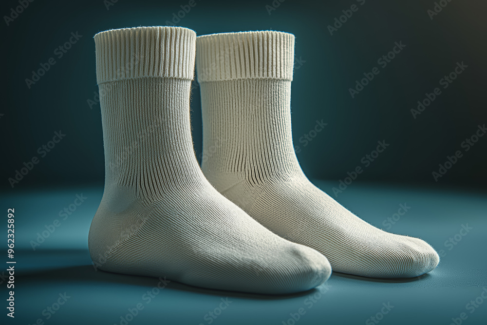 A pair of simple, white cotton socks placed side by side, conveying the beauty in everyday basics. Concept of essential items and minimalist living. A pair of simple, white cotton socks placed side by side, conveying the beauty in everyday basics. Concept of essential items and minimalist living.