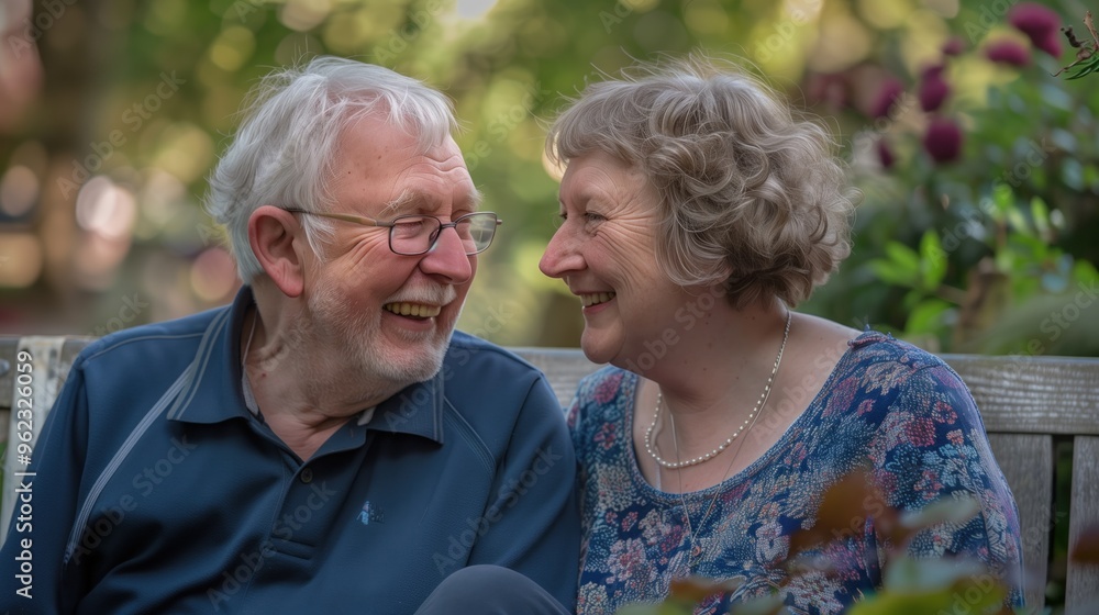A man and a woman are sitting on a bench and smiling at each other A man and a woman are sitting on a bench and smiling at each other