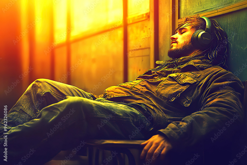 A young man with a beard sits with his eyes closed, leaning against a wall while listening to music with headphones. The lighting is golden and warm. Generated with AI. A young man with a beard sits with his eyes closed, leaning against a wall while listening to music with headphones. The lighting is golden and warm. Generated with AI.
