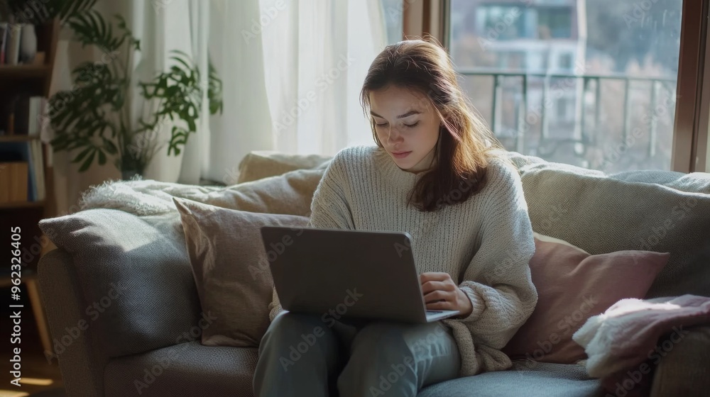 Young Woman Working on Laptop at Home Young Woman Working on Laptop at Home