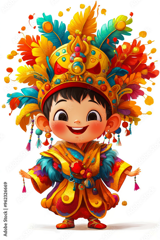 A little boy dressed in a colorful costume with feathers on his head A little boy dressed in a colorful costume with feathers on his head