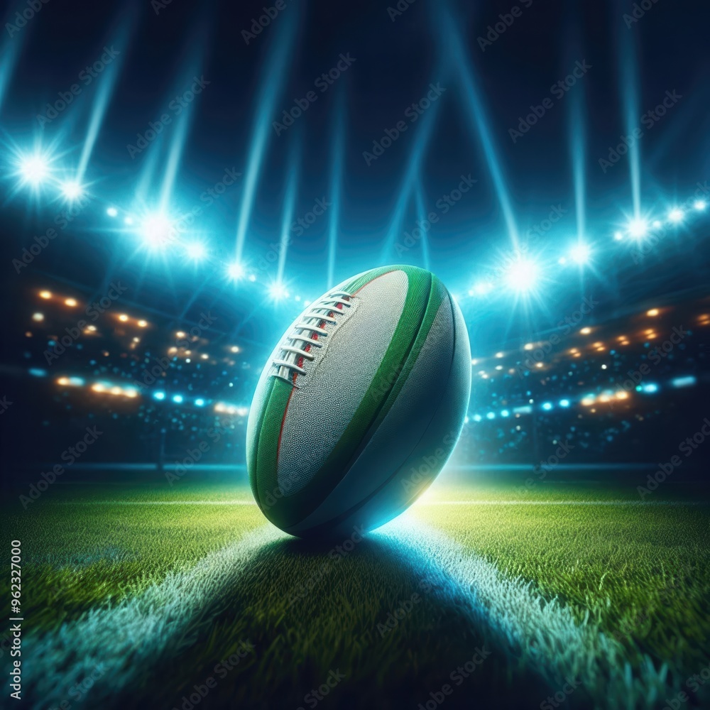 A close-up of a rugby ball illuminated by stadium lights, capturing the excitement and energy of a sporting event on the field. A close-up of a rugby ball illuminated by stadium lights, capturing the excitement and energy of a sporting event on the field.