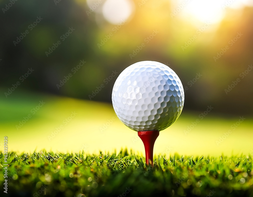 Close-up golf ball on tee with blur green bokeh background Close-up golf ball on tee with blur green bokeh background