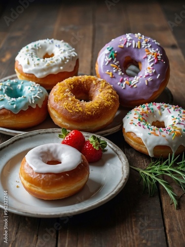 Dish of donuts or pompushki with sour cream, with space for text or design. photo