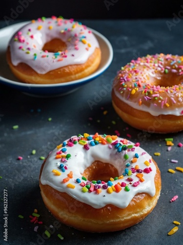 Dish of donuts or pompushki with sour cream, with space for text or design. photo