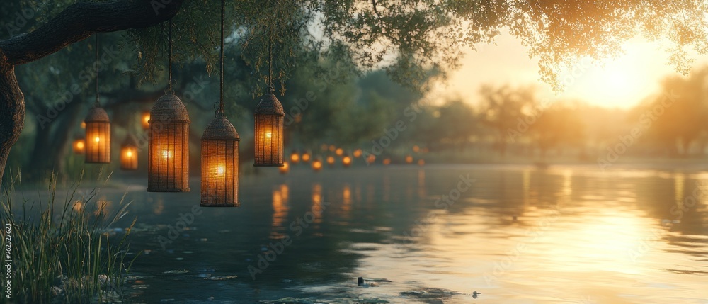 Naklejka premium Golden Lanterns Hanging Over a Serene Lake at Sunset