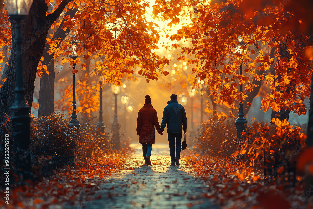 A couple walking hand-in-hand through a park adorned with golden and crimson leaves, enjoying the crisp fall air. Concept of romantic autumn outings. A couple walking hand-in-hand through a park adorned with golden and crimson leaves, enjoying the crisp fall air. Concept of romantic autumn outings.