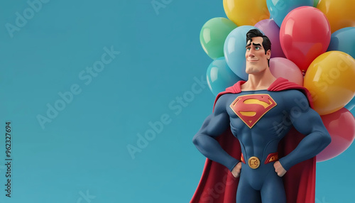 Super-homem e balões coloridos. Feliz aniversário do Super-homem. Festa de aniversário temático. Cartão aniversário. Parabéns. Comemorar aniversário. Bexigas coloridas. Balões coloridos fundo azul photo