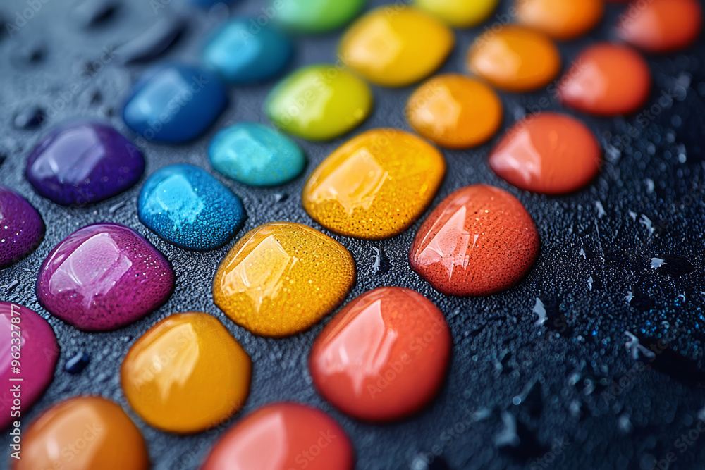 A close-up of droplets of various colors blending together on a smooth surface, creating a vibrant, abstract design. Concept of color mixing and fluid art. A close-up of droplets of various colors blending together on a smooth surface, creating a vibrant, abstract design. Concept of color mixing and fluid art.