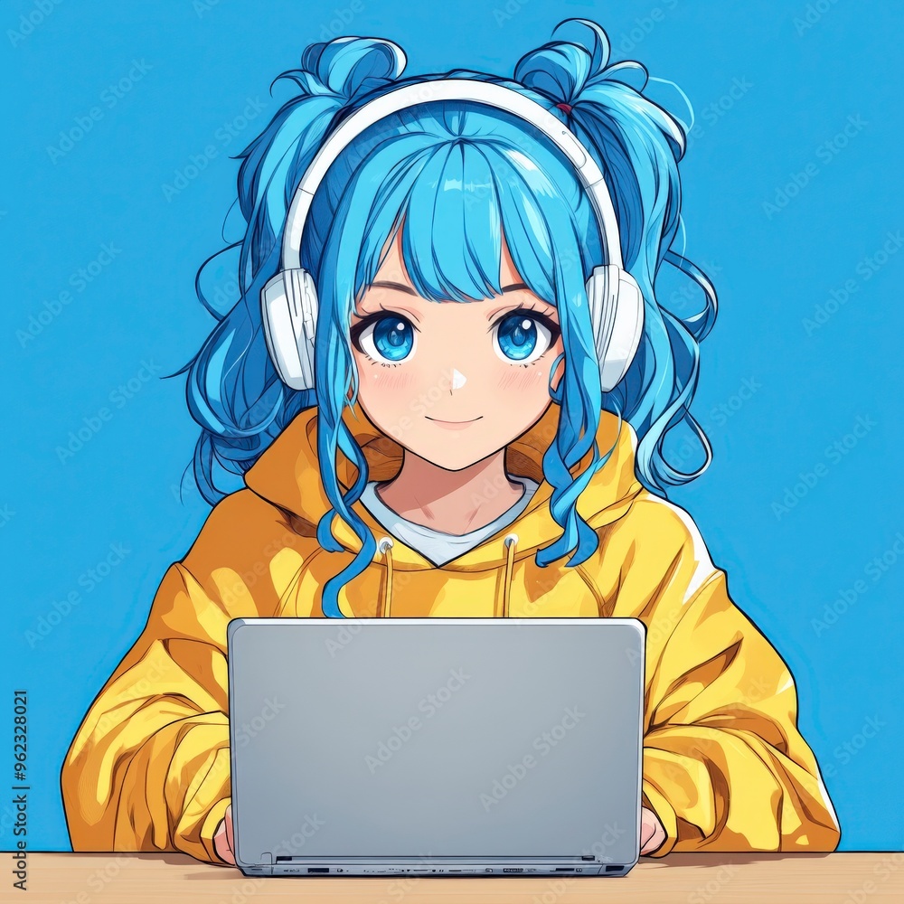 Anime Girl in Yellow Hoodie Working on Laptop Anime Girl in Yellow Hoodie Working on Laptop