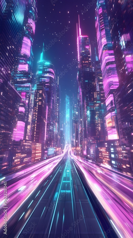 A futuristic cityscape with neon lights and skyscrapers, serving as a background for a video game or motion graphics A futuristic cityscape with neon lights and skyscrapers, serving as a background for a video game or motion graphics
