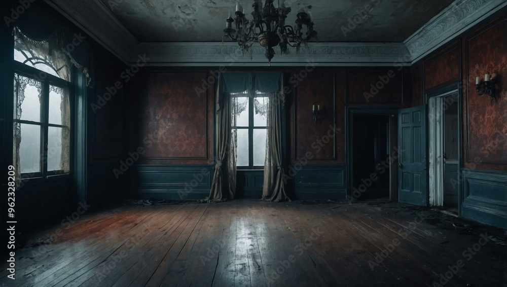 Fototapeta premium Eerie Victorian ghost mansion interior with misty horror elements.