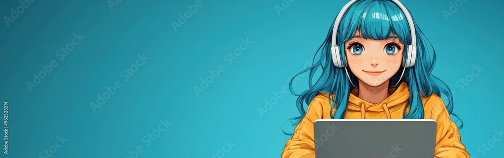 Anime Girl in Yellow Hoodie Working on Laptop Anime Girl in Yellow Hoodie Working on Laptop