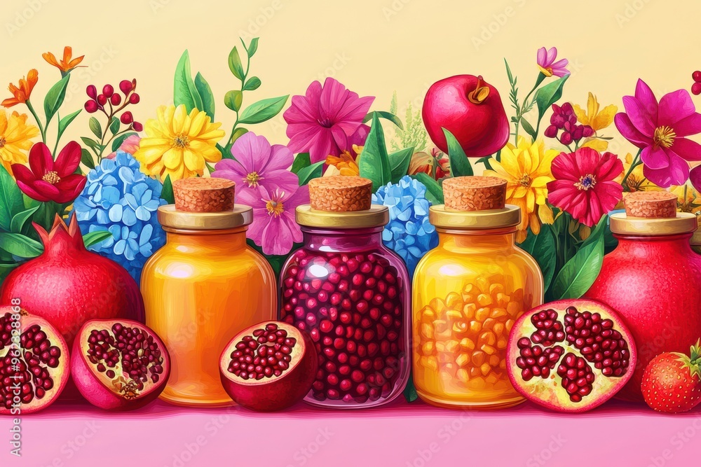 banner showcasing traditional jewish new year symbols like pomegranates, apples, honey jars, and vibrant flowers for rosh hashanah celebration concept banner showcasing traditional jewish new year symbols like pomegranates, apples, honey jars, and vibrant flowers for rosh hashanah celebration concept