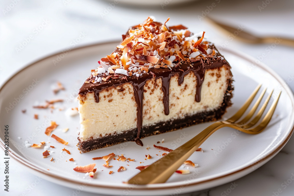 Slice of German Chocolate Cheesecake with Toasted Coconut Flakes and Caramel Drizzle on Marble Table Slice of German Chocolate Cheesecake with Toasted Coconut Flakes and Caramel Drizzle on Marble Table