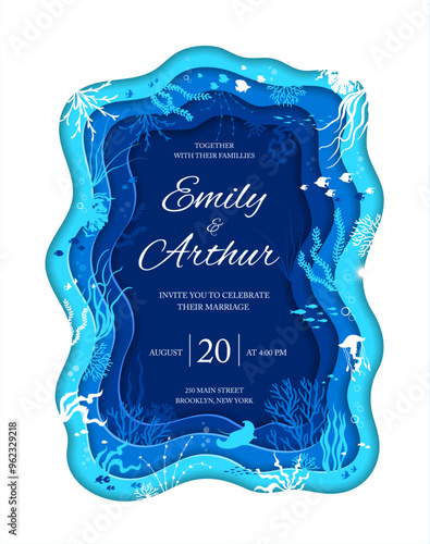 Wedding invitation with underwater sea paper cut landscape silhouette showcase seaweed, fish, and marine life in shades of blue and white, framing the text with the couple names and event details