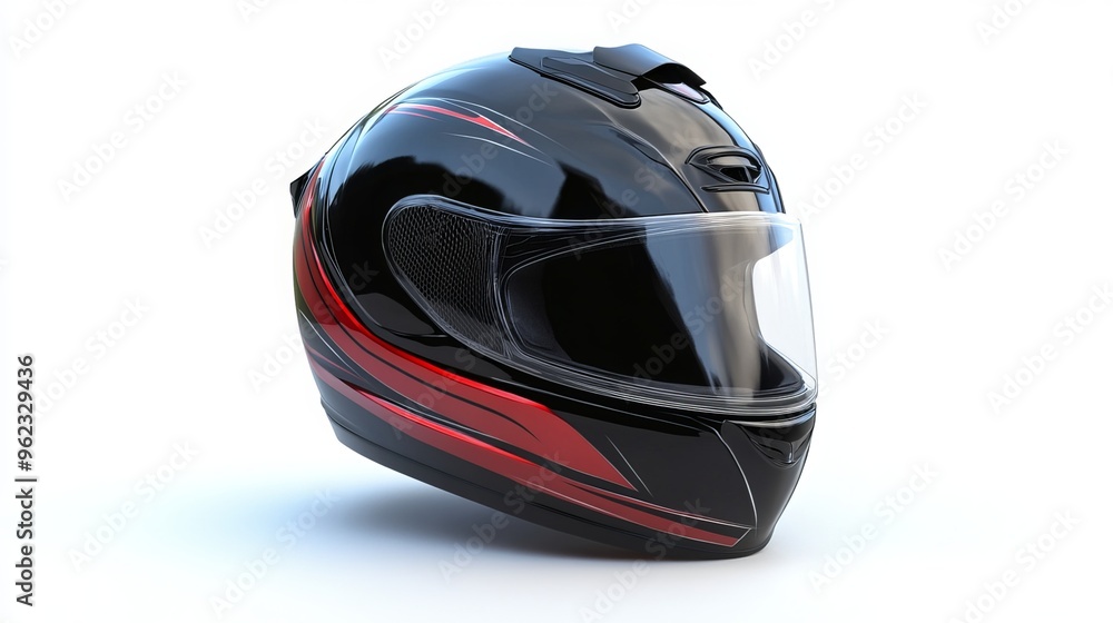 Fototapeta premium This isolated image on a white background depicts a new, contemporary motorcycle helmet. 