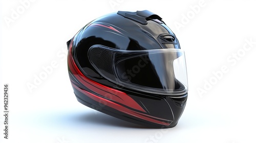 This isolated image on a white background depicts a new, contemporary motorcycle helmet. 