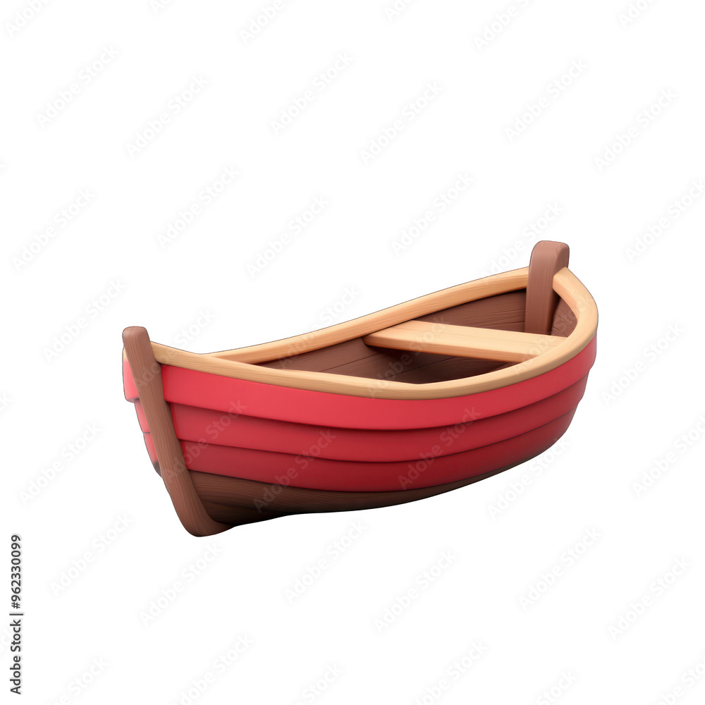 Obraz premium A vibrant red wooden boat with a simple design, perfect for adventures on calm waters or as a decorative piece. 3D render