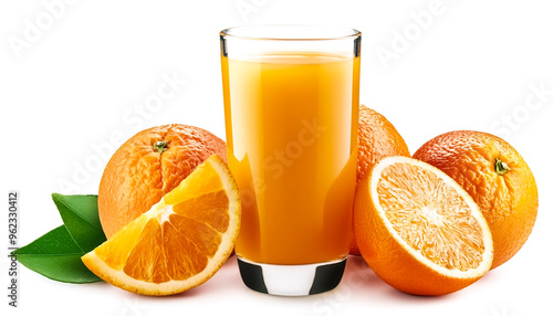 Glass of 100% Orange juice with orange sacs and slices fruits isolate on white background photo