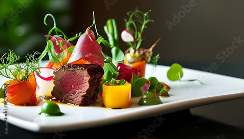 An exquisite delicacy consisting of rich meats and brightly colored vegetables, is elegantly served and presents tempting colors and textures. photo