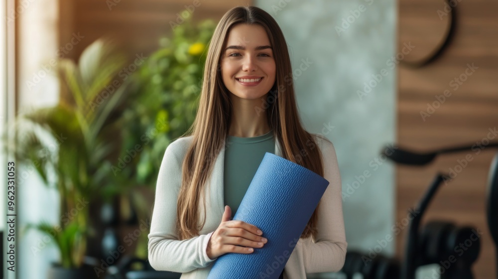 Smiling Woman with Yoga Mat in a Modern Studio Smiling Woman with Yoga Mat in a Modern Studio