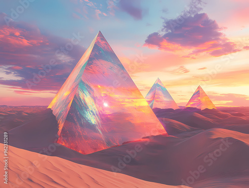 Surreal scene of massive glowing pyramids in a vast desert landscape at sunset, towering futuristic structures with vibrant hues, blending fantasy and mystical design in an otherworldly atmosphere photo