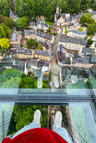 Tourist standing on the Panoramic Elevator of the Pfaffenthal in Luxembourg photo