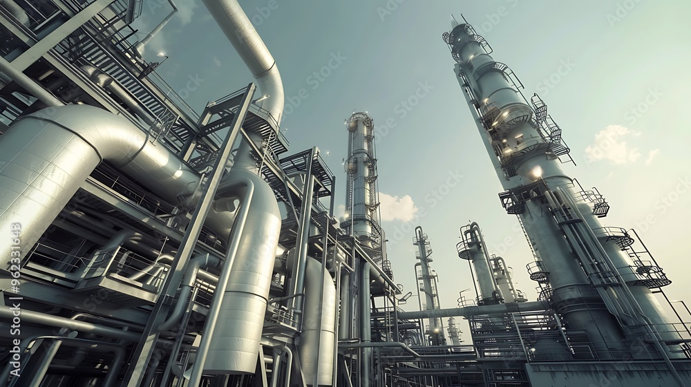 An oil refinery with towering distillation columns and complex pipe networks, under a clear sky, showcasing energy production. 32k, full ultra hd, high resolution An oil refinery with towering distillation columns and complex pipe networks, under a clear sky, showcasing energy production. 32k, full ultra hd, high resolution