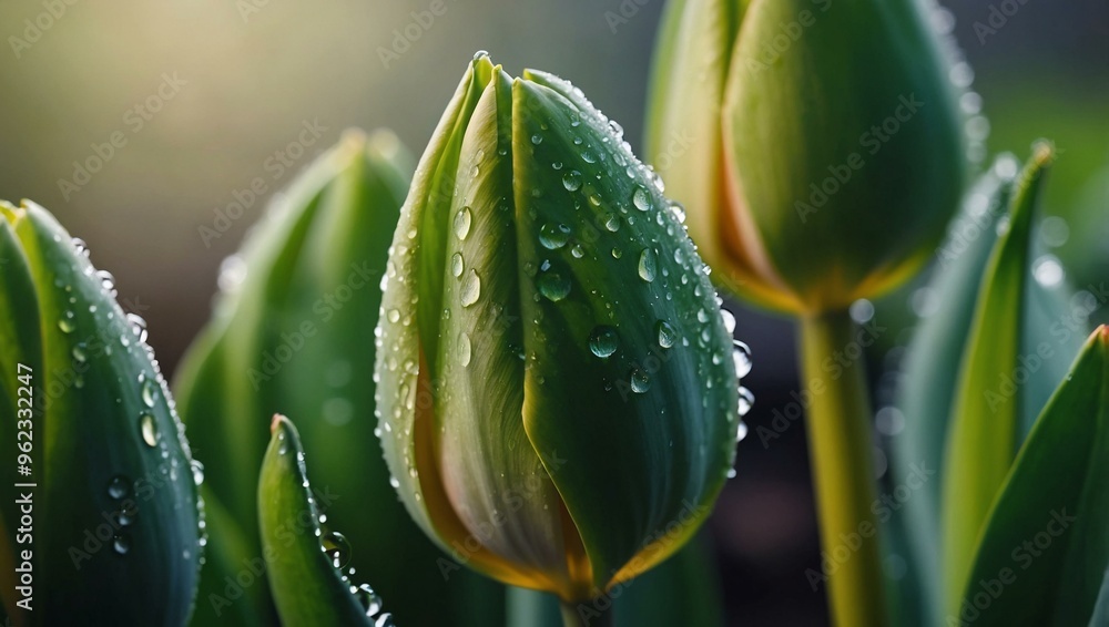 Fresh green tulip leaves with water droplets and a blurred tulip bud, spring background. Fresh green tulip leaves with water droplets and a blurred tulip bud, spring background.