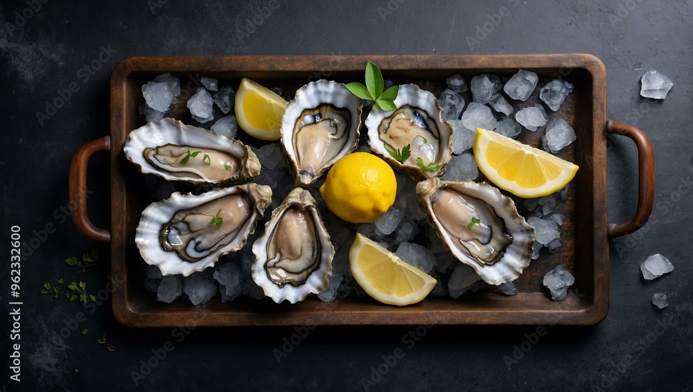 Fresh oysters on a tray with lemon and ice, top view with space for text or design. Fresh oysters on a tray with lemon and ice, top view with space for text or design.