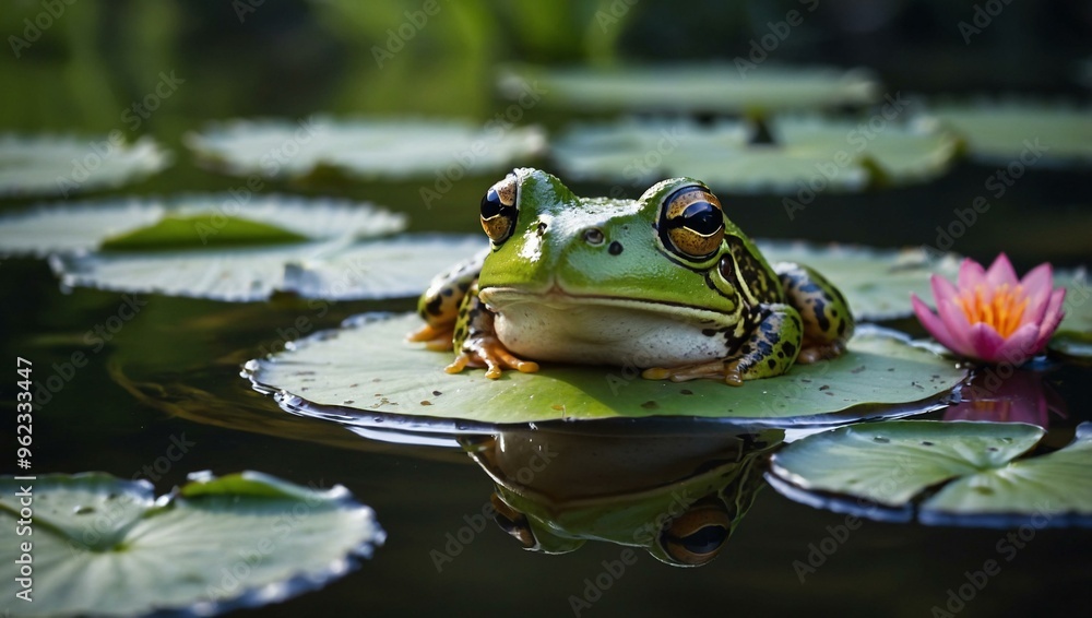 Frog sitting peacefully on a lily pad floating in a calm pond. Frog sitting peacefully on a lily pad floating in a calm pond.