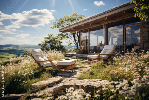Fototapeta Naklejka Na Ścianę i Meble -  A secluded cabin overlooking a meadow of wildflowers. Concept of peaceful retreat. Generative Ai.