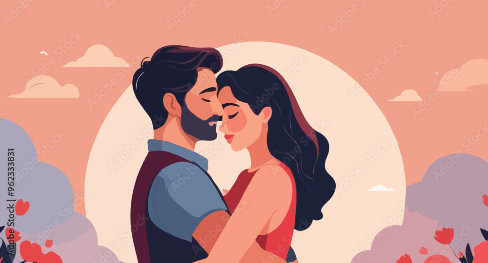 Illustration of two people in love hugging in love with heart flowers Illustration of two people in love hugging in love with heart flowers