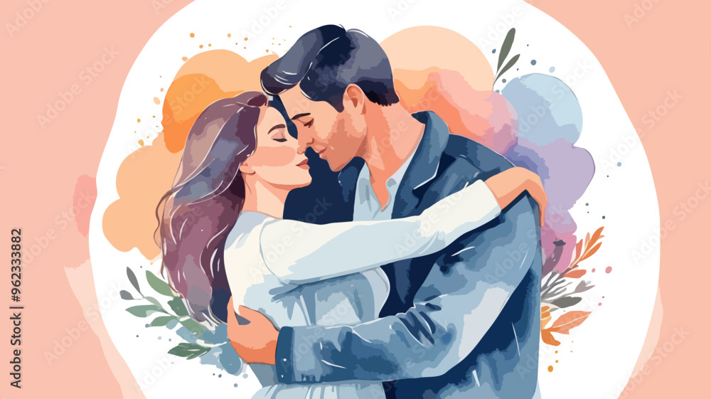Illustration of two people in love hugging in love with heart flowers Illustration of two people in love hugging in love with heart flowers
