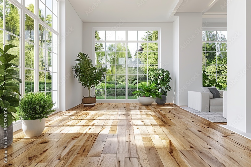 Modern Living Room with Large Windows and Hardwood Floors Modern Living Room with Large Windows and Hardwood Floors