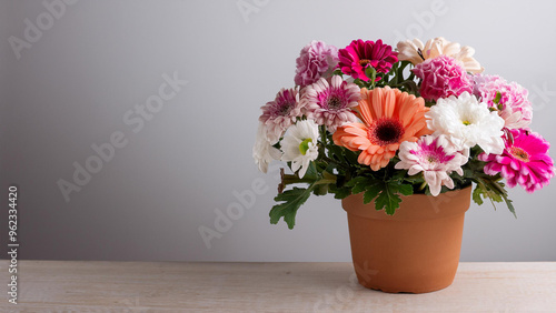 Wallpaper Mural A Variety of Pink Flowers and Greenery in a Clay Pot with Copy Space Torontodigital.ca