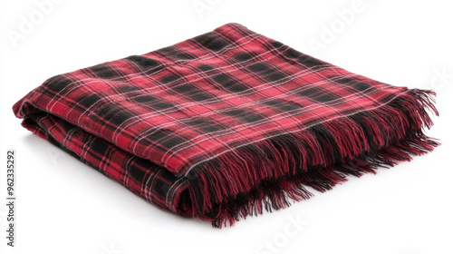 Cozy Plaid Blanket with Fringe on White Background