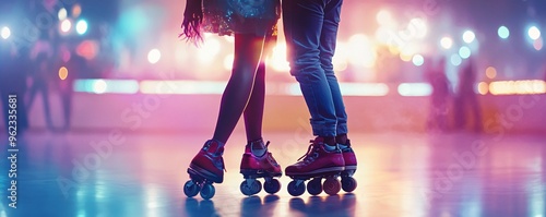 Pair of people stands on roller skates at a roller disco with vibrant lights in the background photo