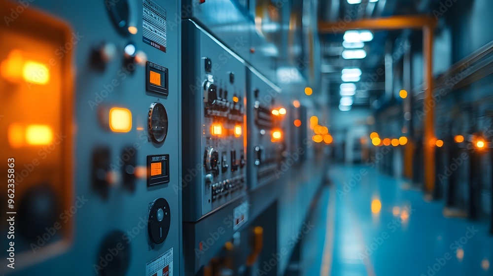 Switchgear System A switchgear system inside an industrial plant, consisting of multiple breaker panels, switches, and power meters for controlling electricity distribution. The room is organized with Switchgear System A switchgear system inside an industrial plant, consisting of multiple breaker panels, switches, and power meters for controlling electricity distribution. The room is organized with